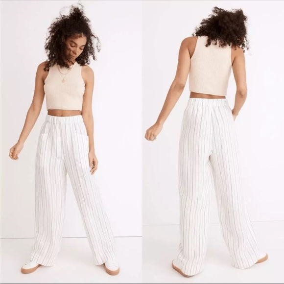 Madewell Linen-Blend Pull-On High-Rise Wide-Leg Pants in Stripe small - Picture 1 of 10